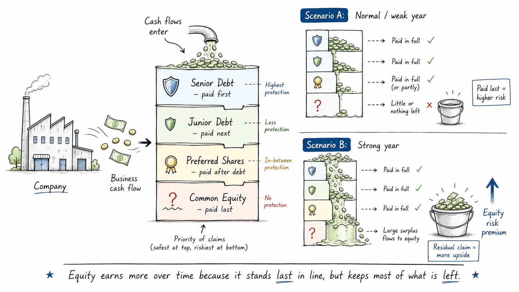 Equity earns more over time because it stands last in line, but keeps most of what is left — in strong years, the overflow after all fixed obligations creates the risk premium.
