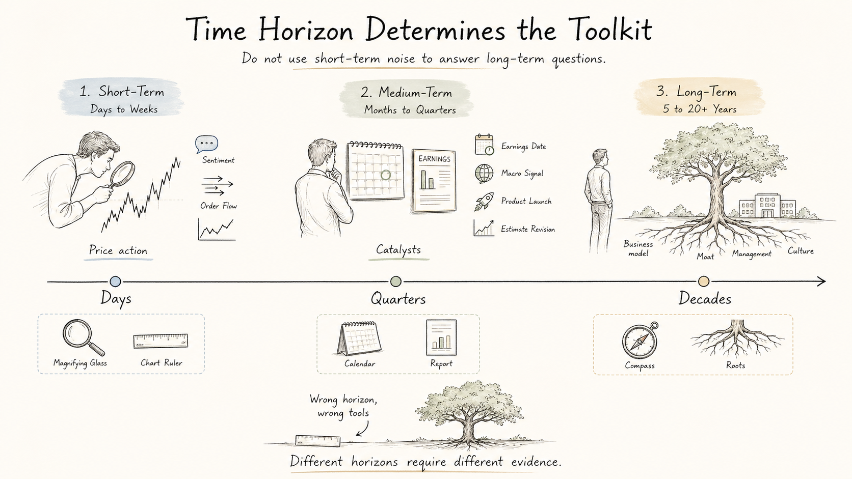 Different horizons require different evidence — short-term investors read price action, medium-term investors track catalysts, and long-term investors study roots: moats, culture, and business model durability.